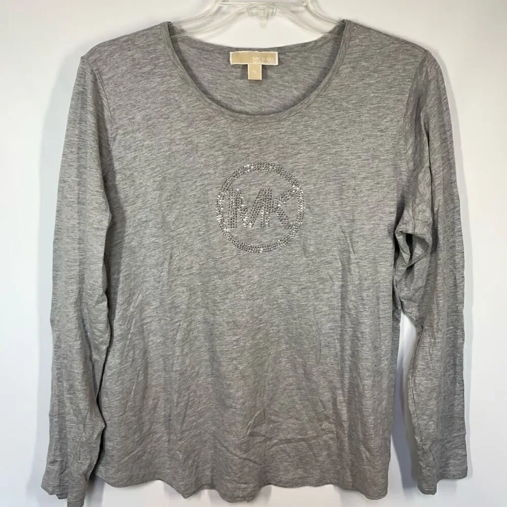 Michael Kors Women's Gray MK Crystal Logo Bling Long Sleeve T-Shirt Size XL
